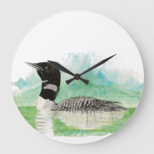 Original Watercolor Common Loon Bird Large Clock
