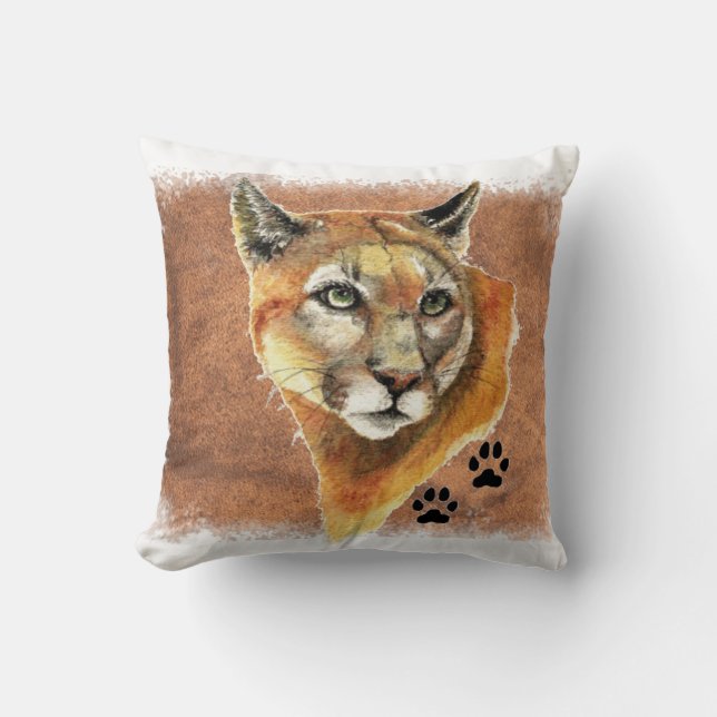 Original Watercolor Cougar Mountain Lion Puma Cushion (Front)