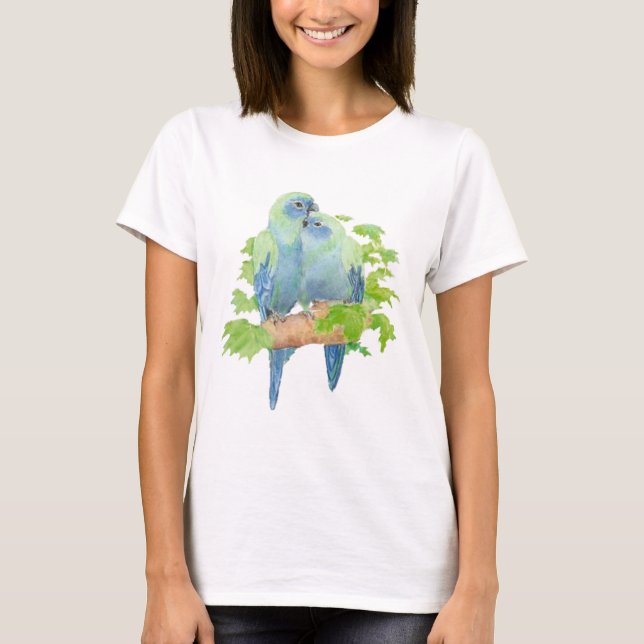 Original Watercolor Cute Cuddling Blue Parrots T-Shirt (Front)