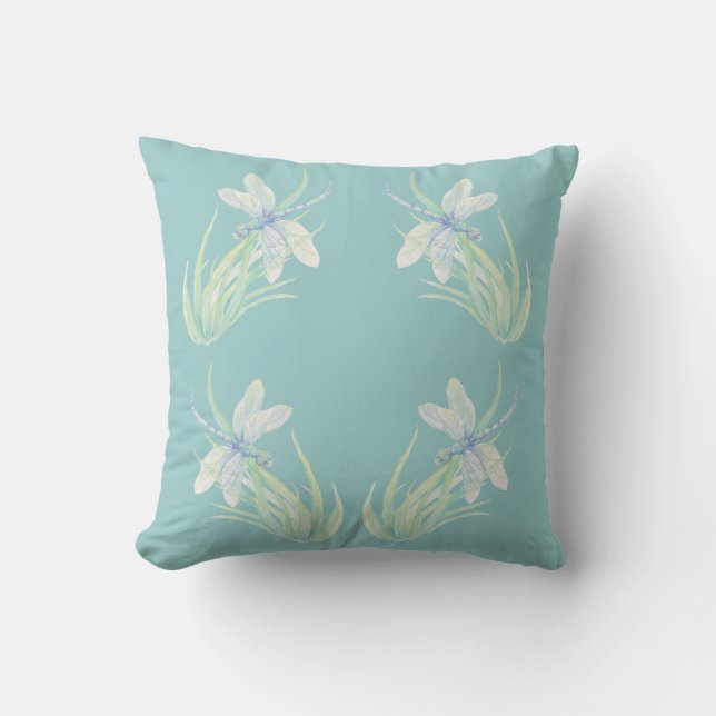 Original Watercolor Dragonfly in Blue and Green Cushion (Front)