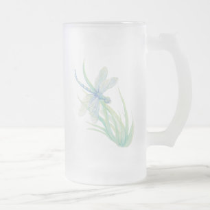 Original Watercolor Dragonfly in Blue and Green Frosted Glass Beer Mug