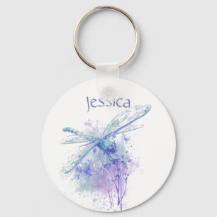 Original Watercolor Dragonfly in Blue Mauve Nature Key Ring