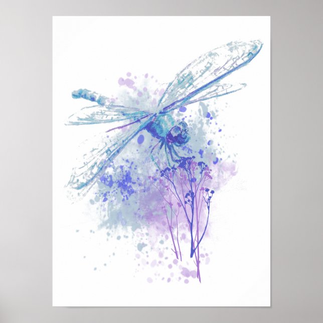 Original Watercolor Dragonfly in Blue Mauve Nature Poster (Front)