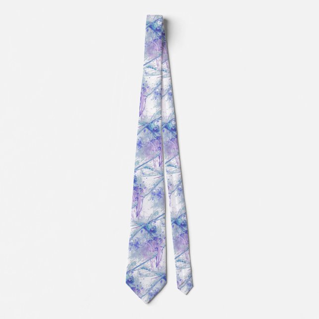 Original Watercolor Dragonfly in Blue Mauve Nature Tie (Front)