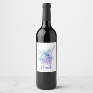Original Watercolor Dragonfly in Blue Mauve Nature Wine Label