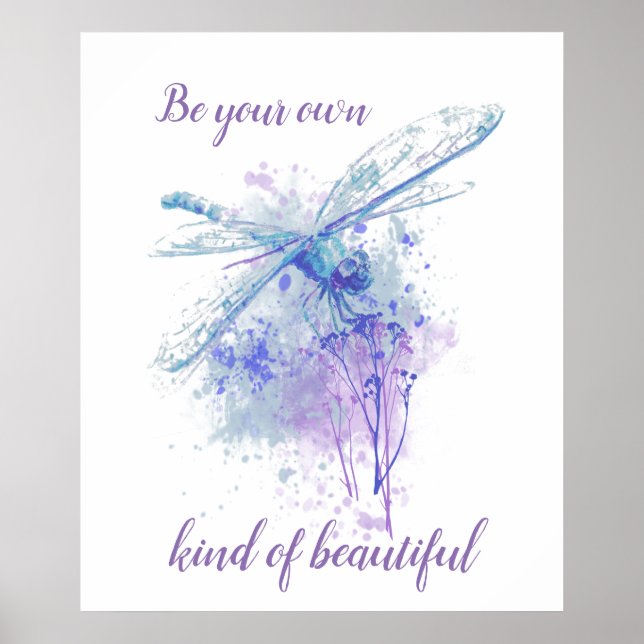 Original Watercolor Dragonfly in Blue Mauve Quote Poster (Front)