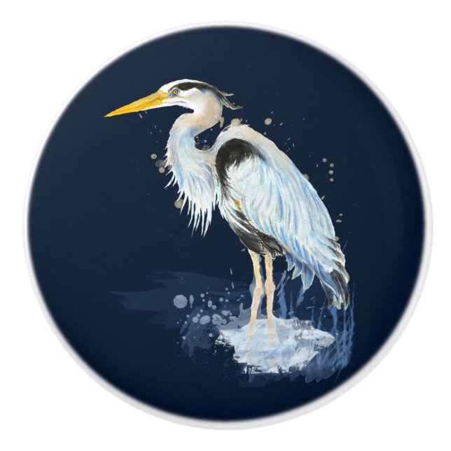 Original watercolor Great Blue Heron Bird Ceramic Knob (Front)