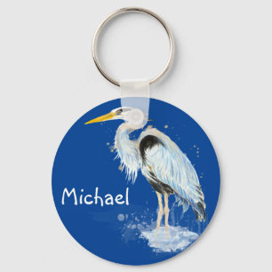 Original watercolor Great Blue Heron Bird Custom Key Ring