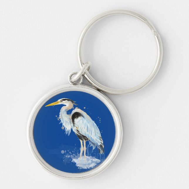 Original watercolor Great Blue Heron Bird Key Ring (Front)