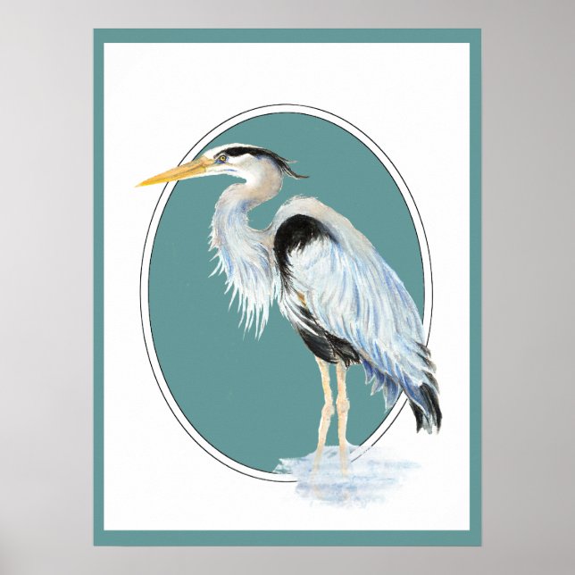 Original Watercolor Great Blue Heron Bird Poster (Front)
