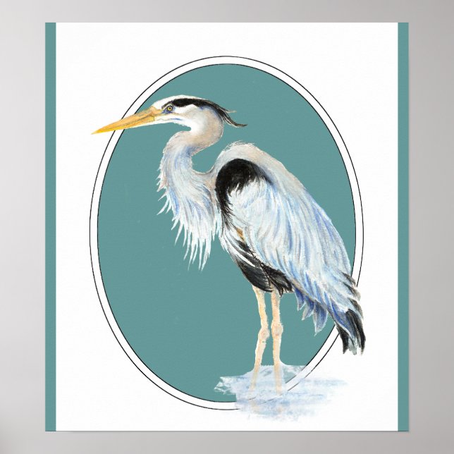 Original Watercolor Great Blue Heron Bird Poster (Front)