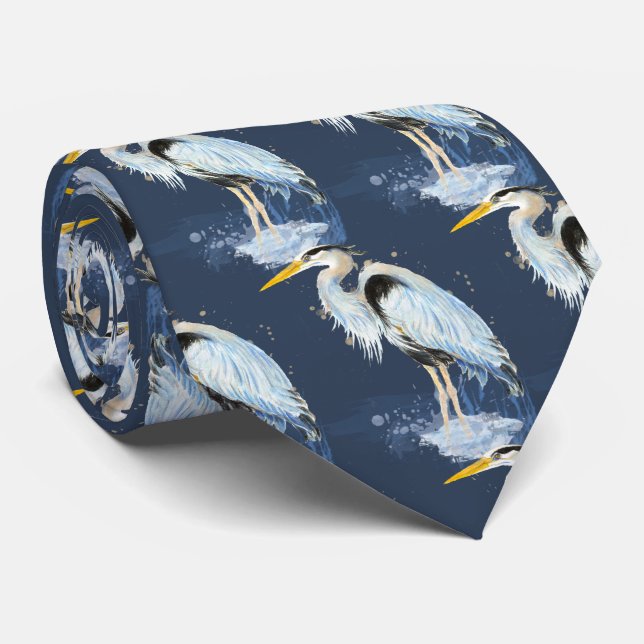 Original watercolor Great Blue Heron Bird Tie (Rolled)
