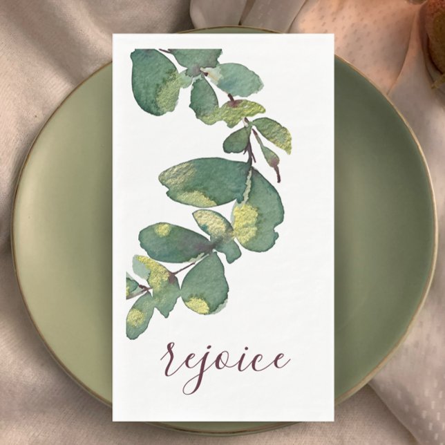 Original Watercolor Greenery Custom Christmas Napkin (Original watercolor greenery Christmas napkin. Modern custom script rejoice. Eucalyptus and wine.)