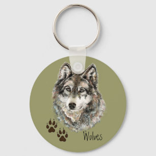 Original Watercolor Grey  Wolf- Tracks Animal Key Ring