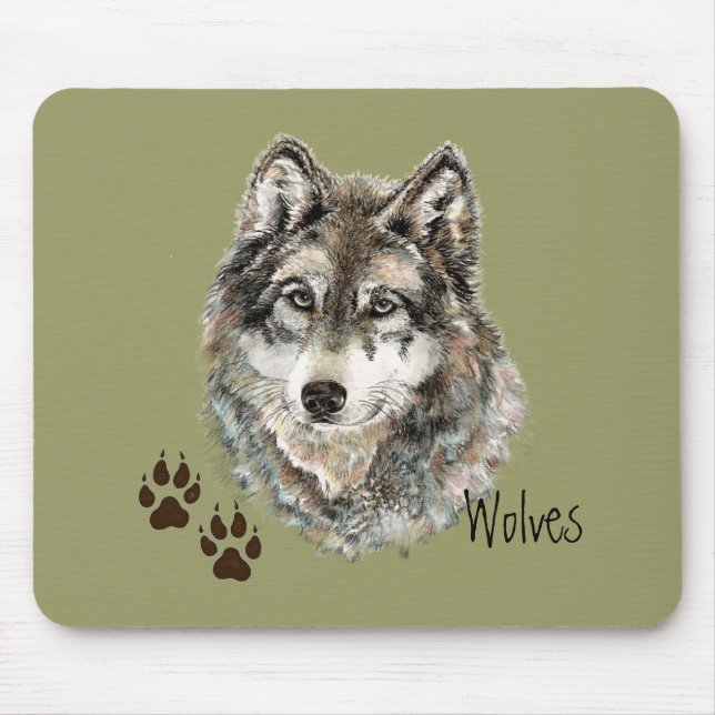 Original Watercolor Grey  Wolf- Tracks Animal Mouse Mat (Front)