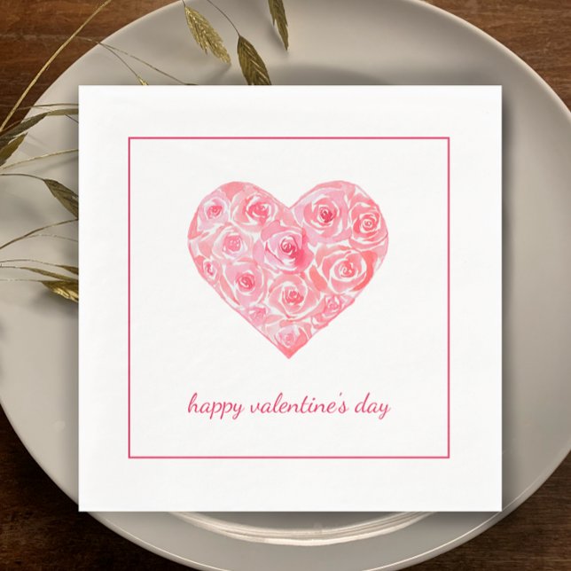 Original Watercolor Heart Custom Valentines Day Napkin (Original unique chic. Hand painted watercolor heart of roses. Pink Valentine’s Day custom napkins
)