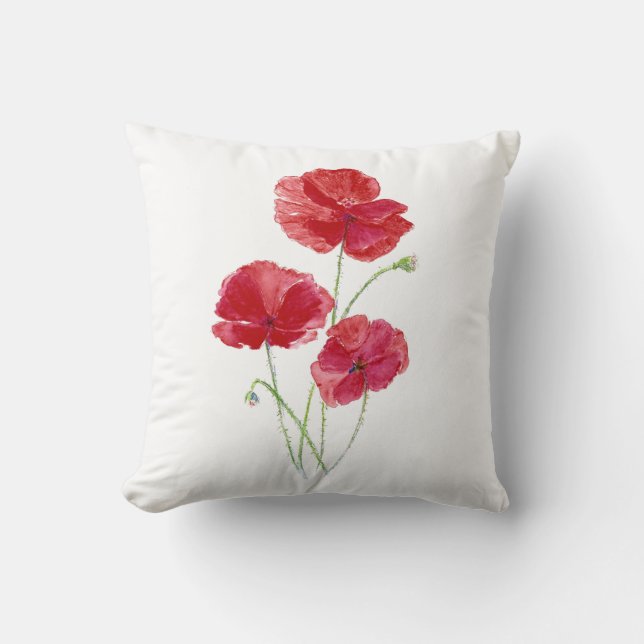 Original Watercolor Red Poppy Garden Flower Cushion (Front)