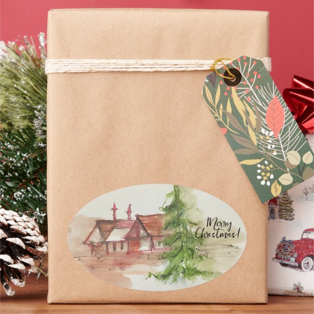 Original watercolor sketch  oval sticker (Holiday)