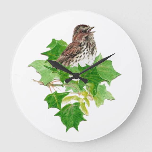 Original Watercolor Song Sparrow Bird Nature Large Clock (Front)