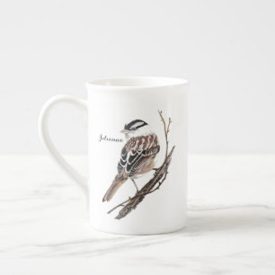 Original Watercolor White Crowned Sparrow Bird Bone China Mug