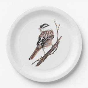 Original Watercolor White Crowned Sparrow Bird Paper Plate
