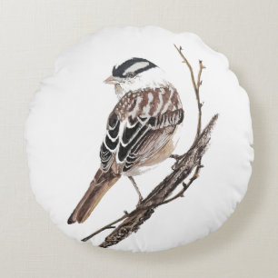 Original Watercolor White Crowned Sparrow Bird Round Cushion
