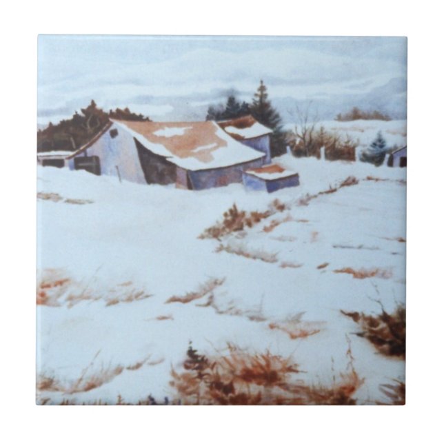 Original watercolor Winter barn landscape  Tile (Front)