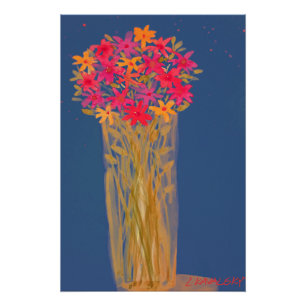 Original WatercolorFlowers In Vase On Blue Poster 