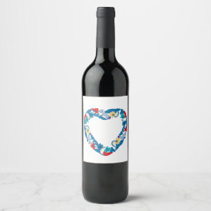 Original Wedding love birds in the flowers heart Wine Label