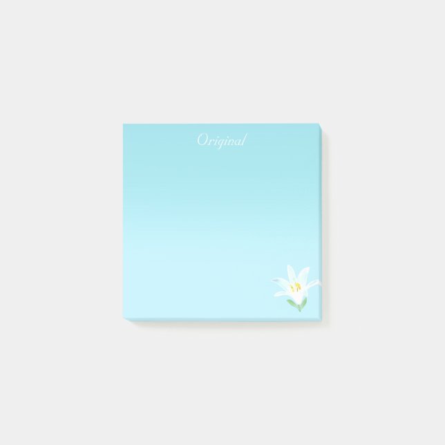 Original White Amaryllis Flower on Light Blue Post-it Notes (Front)