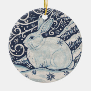 Original Winter Christmas Rabbit Blue & White Ceramic Tree Decoration