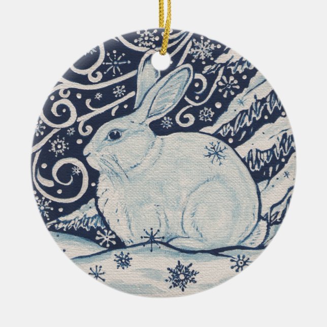 Original Winter Christmas Rabbit Blue & White Ceramic Tree Decoration (Front)