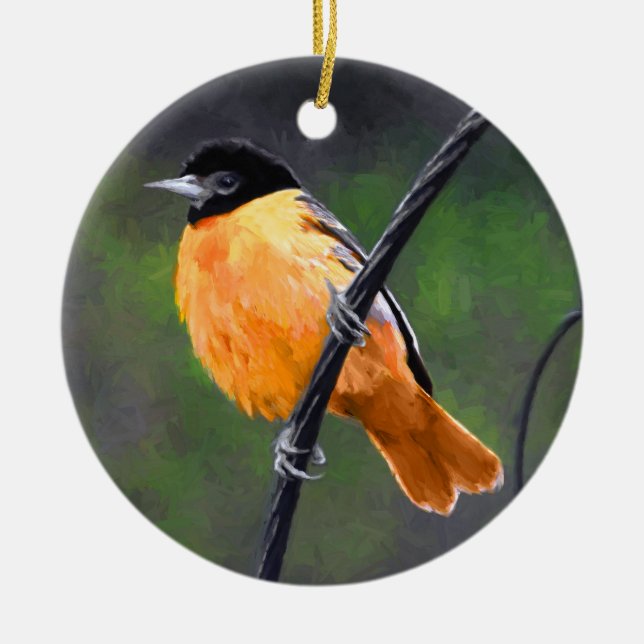Oriole Painting - Original Bird Art Ceramic Tree Decoration (Front)