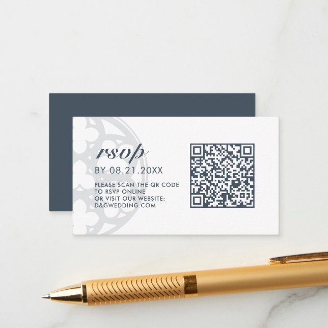 Orion Blue Elegant Classic Castle QR Code RSVP Enclosure Card (Front/Back In Situ)