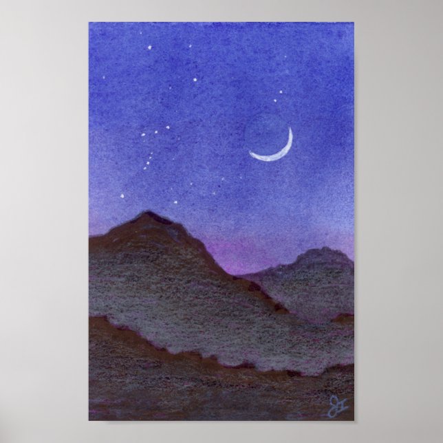 Orion & Crescent Moon Mountains Poster (Front)