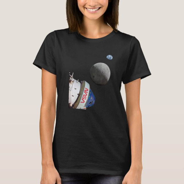 Orion Spacecraft Seeing Moon and Earth Woman On Th T-Shirt (Front)