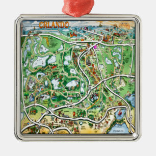 Orlando Florida Cartoon Map Metal Tree Decoration
