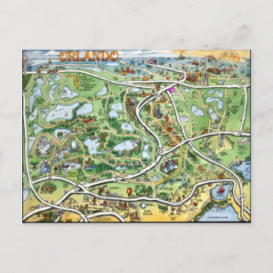 Orlando Florida Cartoon Map Postcard