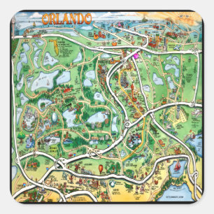 Orlando Florida Cartoon Map Square Sticker