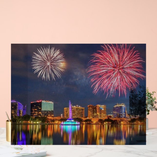 Orlando Florida Lake Eola Fireworks & Fountain Acrylic Sign (Wedding)