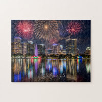 Orlando Florida Skyline with Lake Eola Fireworks