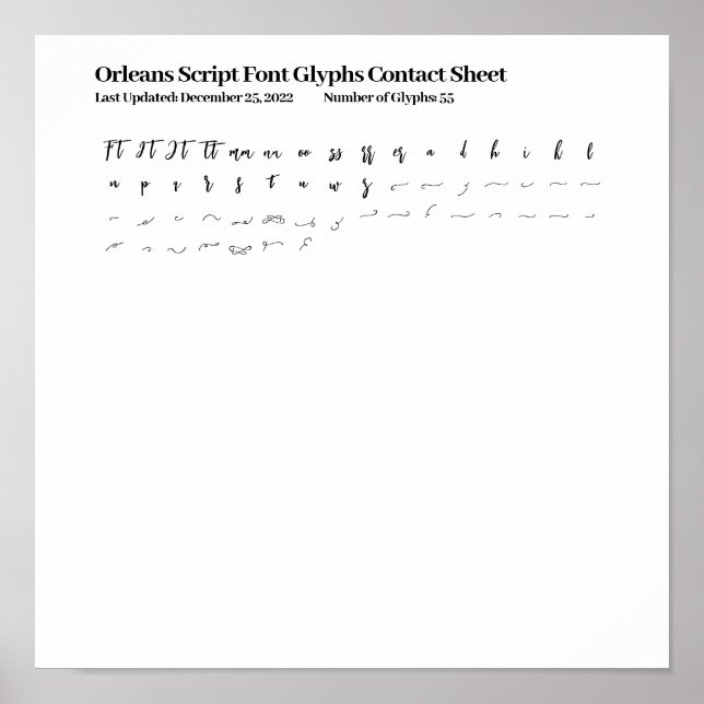 Orleans Script Font Glyphs Contact Sheet Poster (Front)