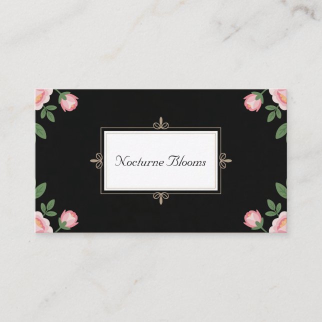 ormal Pink Peony Floral Black and Gold Business Card (Front)