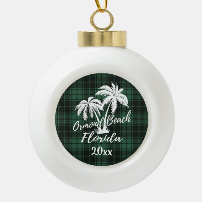 Ormond Beach Florida Palm Tree Green Plaid Ceramic Ball Christmas Ornament (Front)