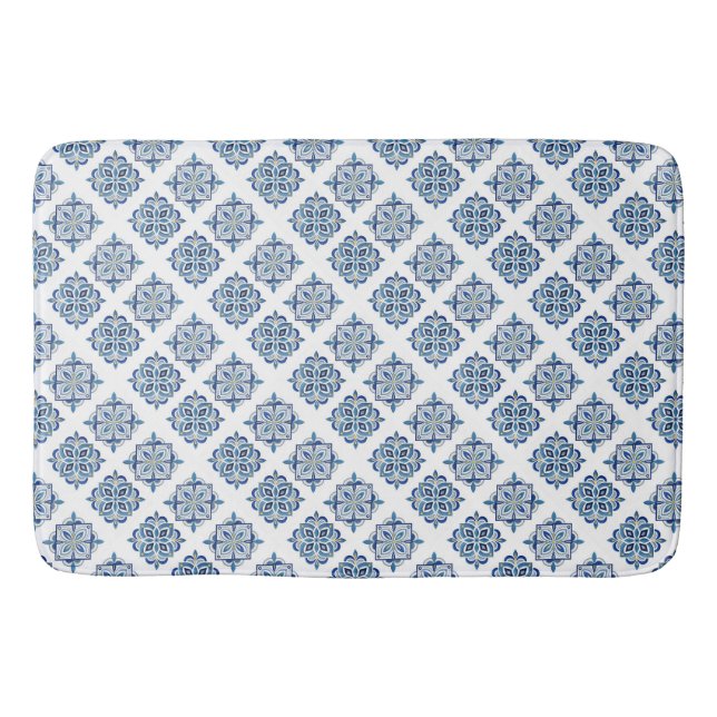 Ornament embroidered blue on white bath mat (Front)