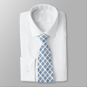 Ornament embroidered blue on white tie