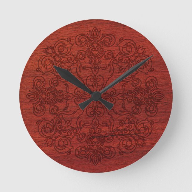 Ornament Engraved on Rustic Dark Red Wood Round Clock (Front)