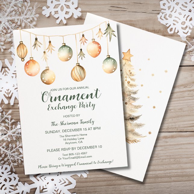 Ornament Exchange Party Watercolor Gold Green Invitation (Custom Ornament Exchange Party Invitation in Gold and Green with Cottagecore style.)