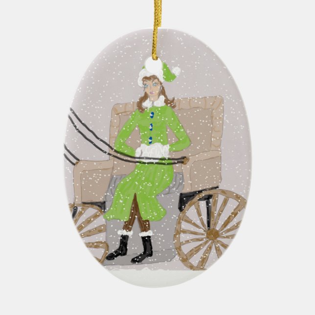 Ornament, Lady in a Buggy in Snow Ceramic Tree Decoration (Front)