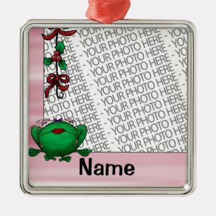 Ornament, Photo & Name Template Cute Frog Mistleto Metal Tree Decoration